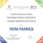 Certyfikat Pozyskiwanie funduszy na rozwój usług turystycznych Pisiewicz Impakt